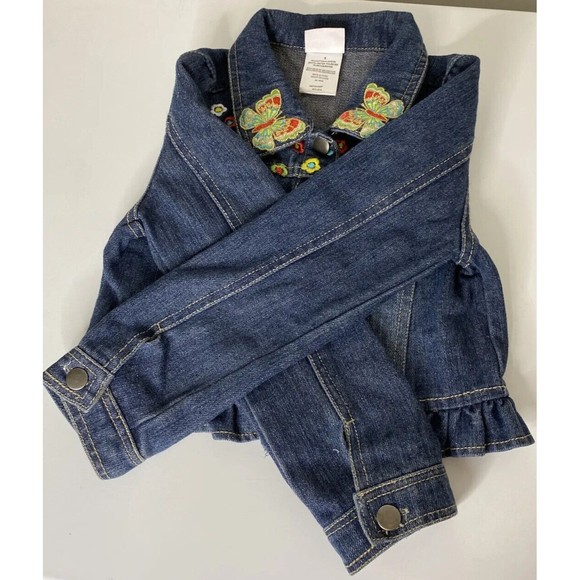 Nannette Kids Dark Wash Floral Butterfly Embroidered Denim Jacket, Sz 6 Ruffles - Picture 6 of 12